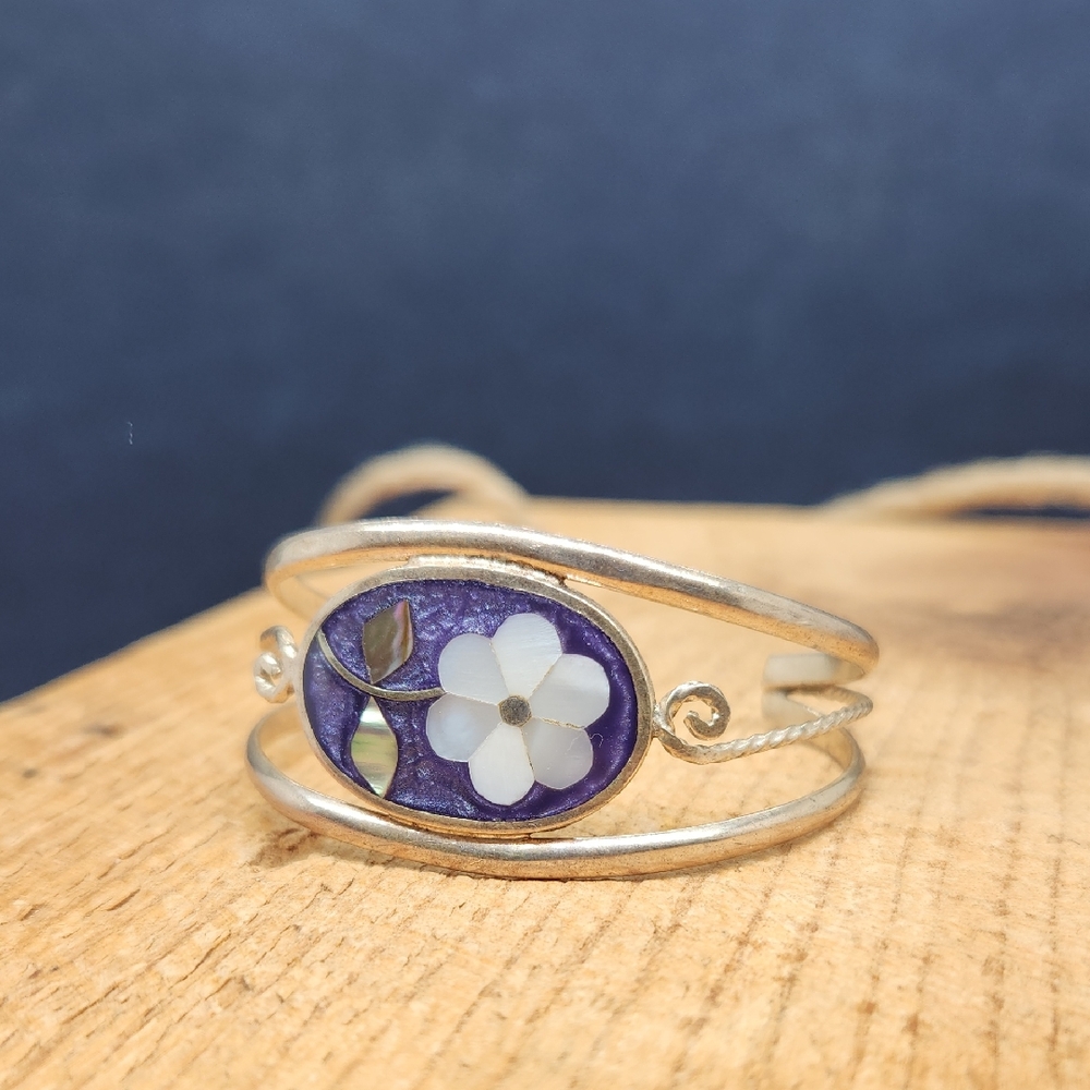 Vintage Alpaca Silver‎ Enameled Flower Cuff Bracelet